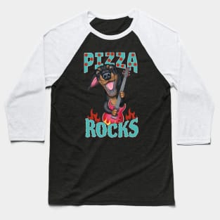 Fun Doxie Dog rocks on with guitar on Pizza Rocks tee Baseball T-Shirt